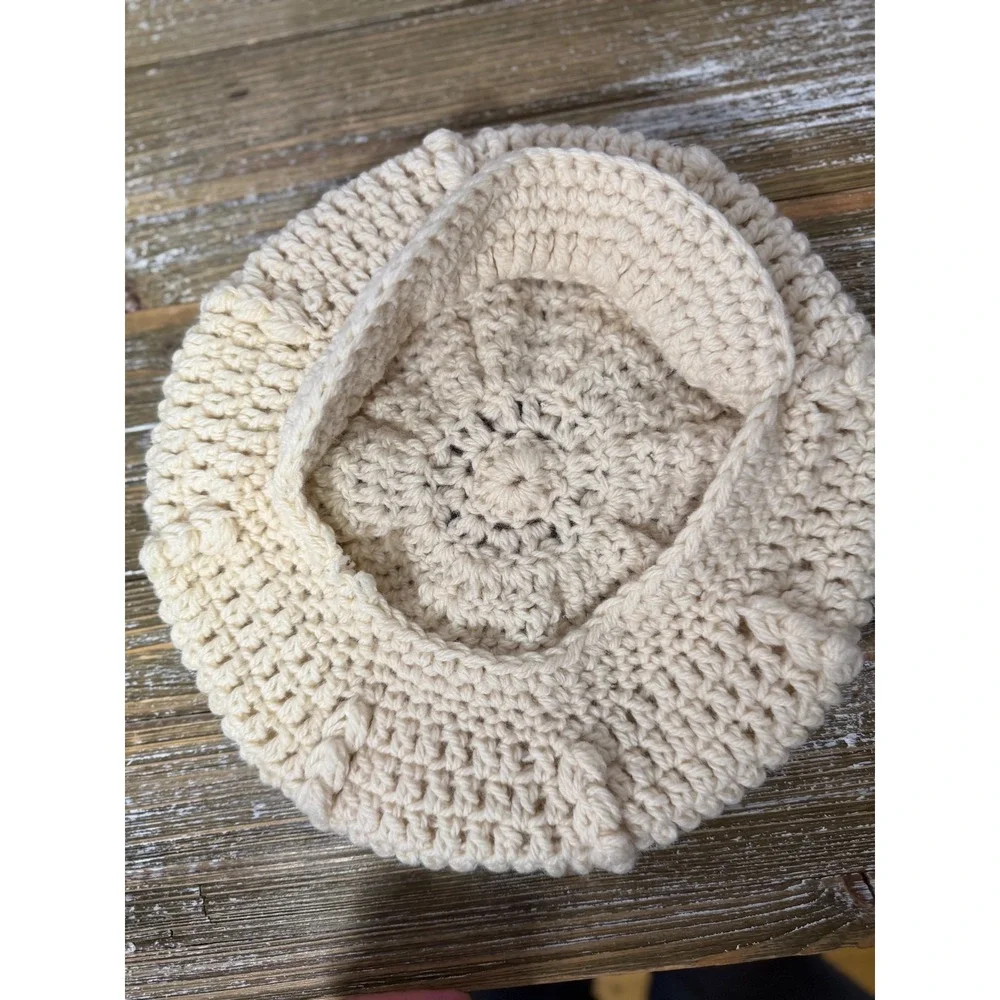 Vintage Handmade Crochet‎ Beret Hat Cream Off White Chunky Knit Tam Newsboy Boho